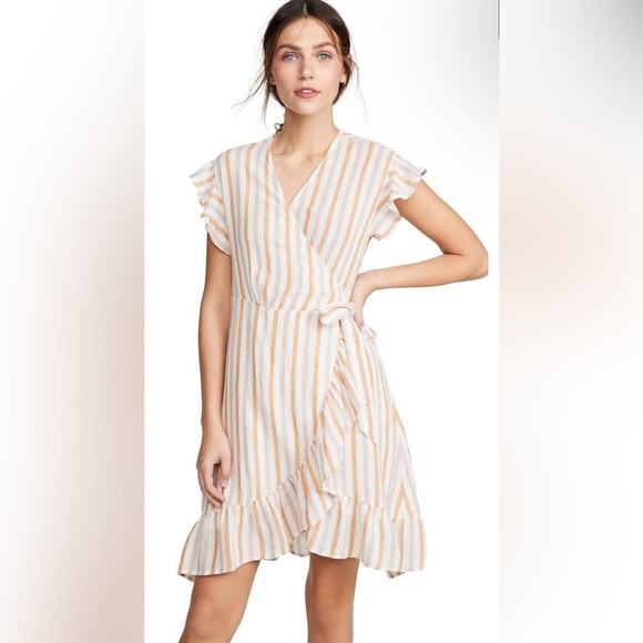 Rails Women’s Brigitte Metallic Gold Striped Ruffle Wrap Knee Length Linen Dress - Picture 1 of 8